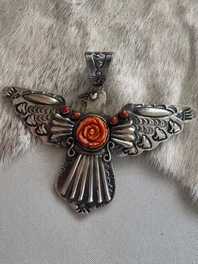 Native AmericanSterling Silver Thunderbird Pendant with Orange Coral Rose Accent